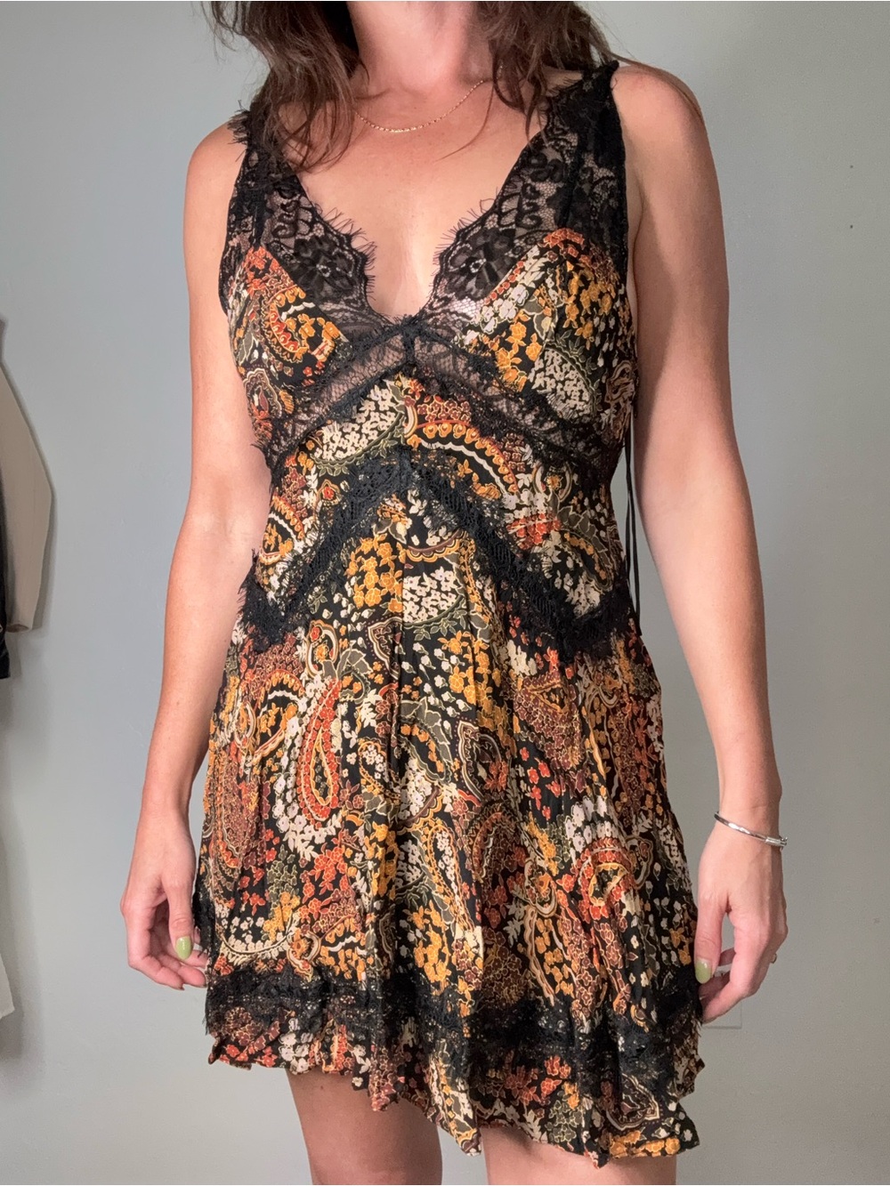 Free People Black Paisley Lace-Trim Slip Dress